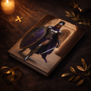 Warrior's Embrace Scripture Journal — Battle Ready hardcover journal featuring Roman armor warrior in luxury flat lay with gold cross, olive branches and candlelight. BWJ Designs