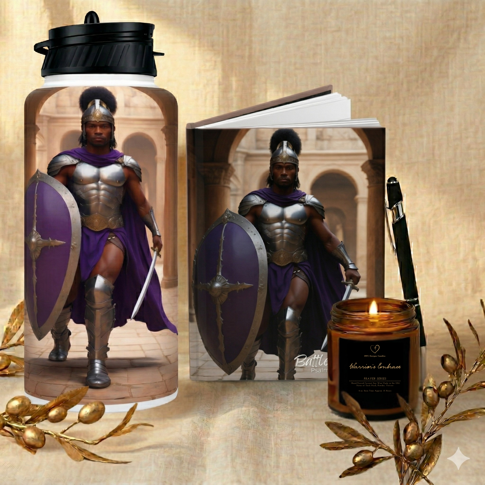 Warrior's Embrace Set showing tumbler journal candle and pen BWJ Designs Custom Gifts