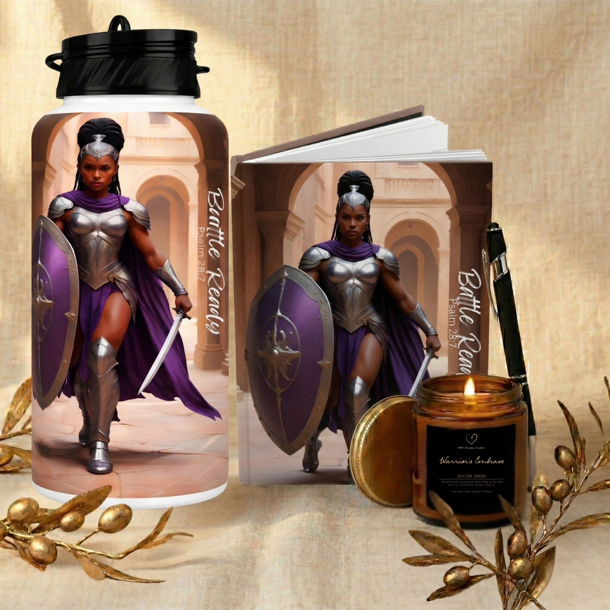 Warrior's Embrace Set showing tumbler journal candle and pen BWJ Designs Custom Gifts