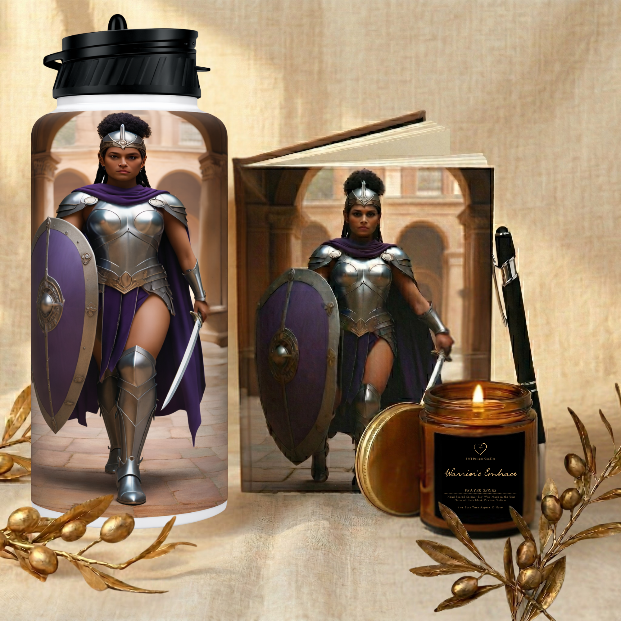 Warrior's Embrace Set showing tumbler journal candle and pen BWJ Designs Custom Gifts