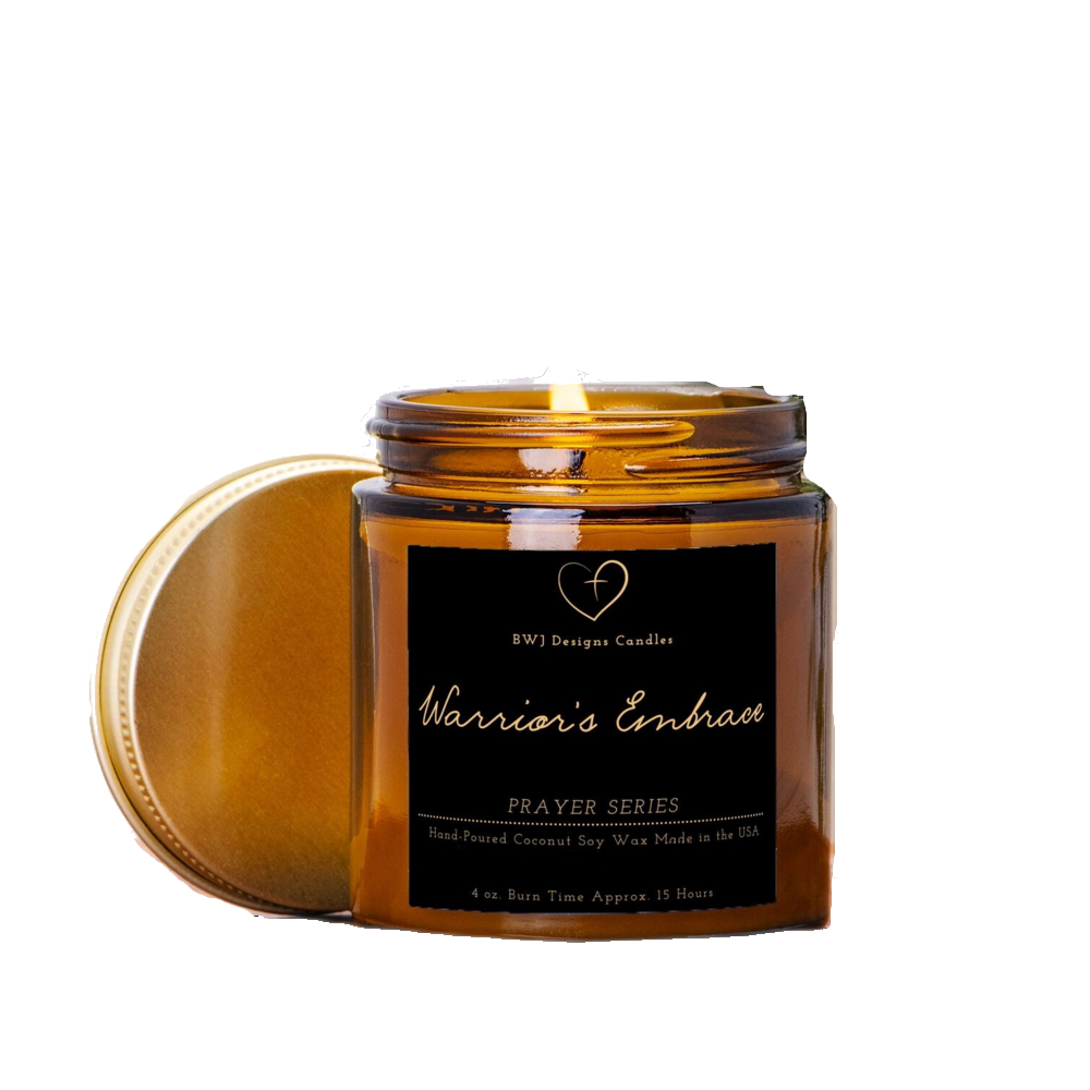 Warrior's Embrace Prayer Series candle lit amber jar with gold lid BWJ Designs Custom Gift